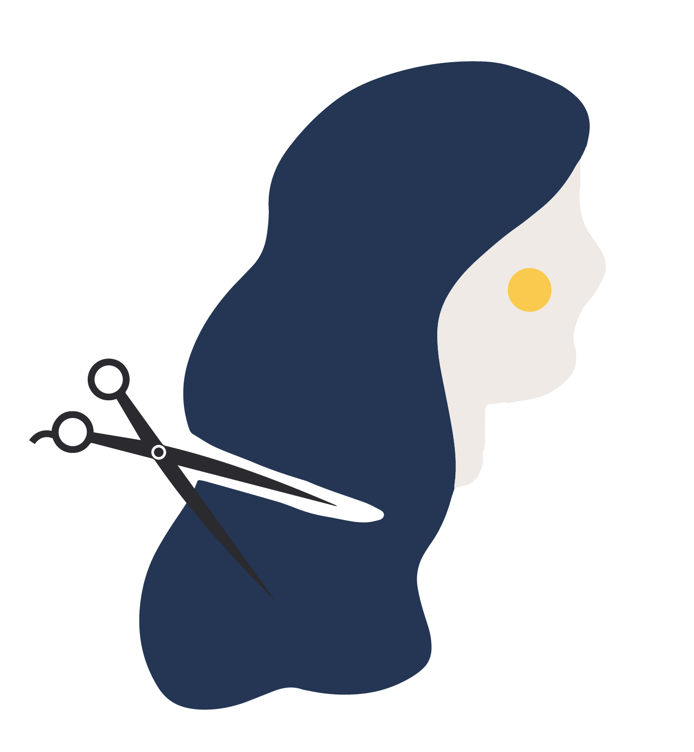 Illustration of a woman's profile with navy hair being trimmed by a pair of scissors