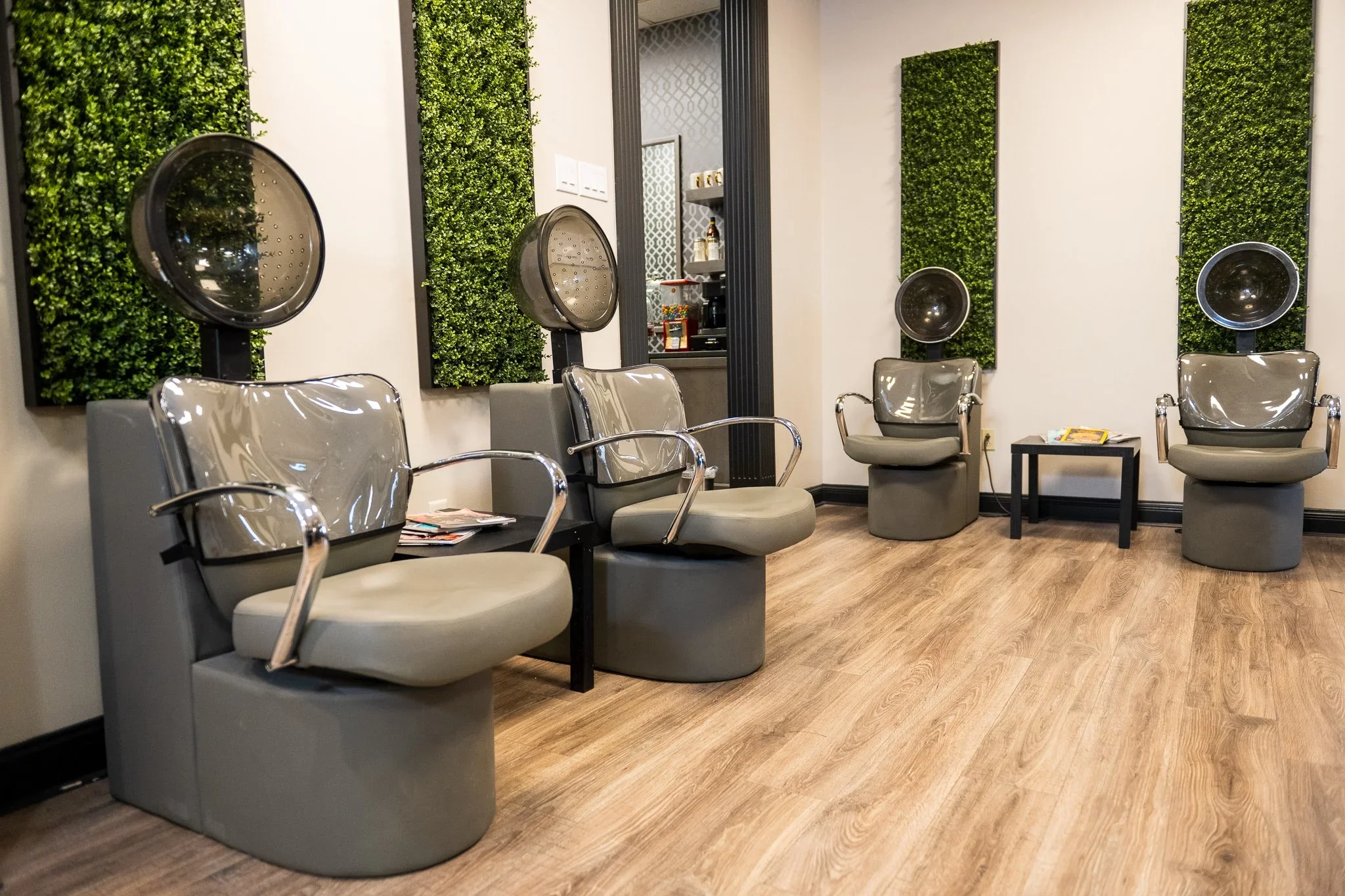 Salon chairs with hair dryers in a modern hair salon